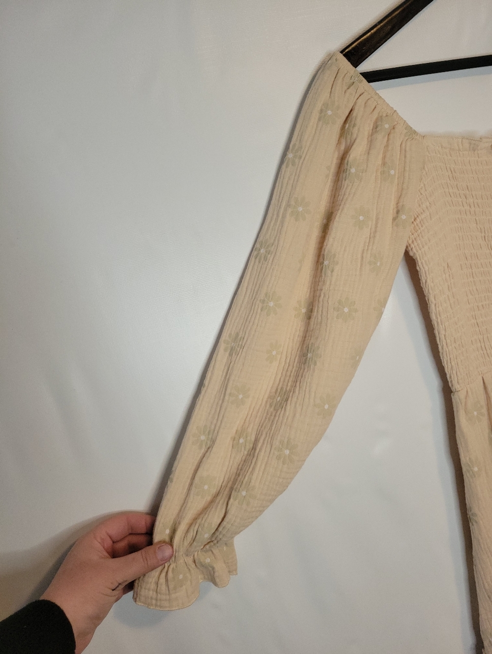 Cotton Textured Blush Cream Long Sleeve Maxi Dress With Smocked Bodice - Picture 8 of 12